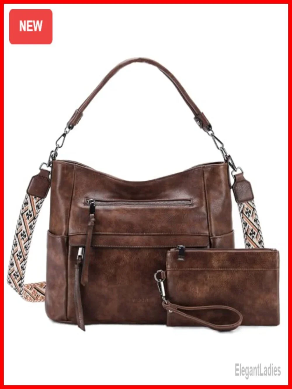 Medium Hobo Bag with Wallet Set, Faux Leather Shoulder Purse with Guitar Strap,